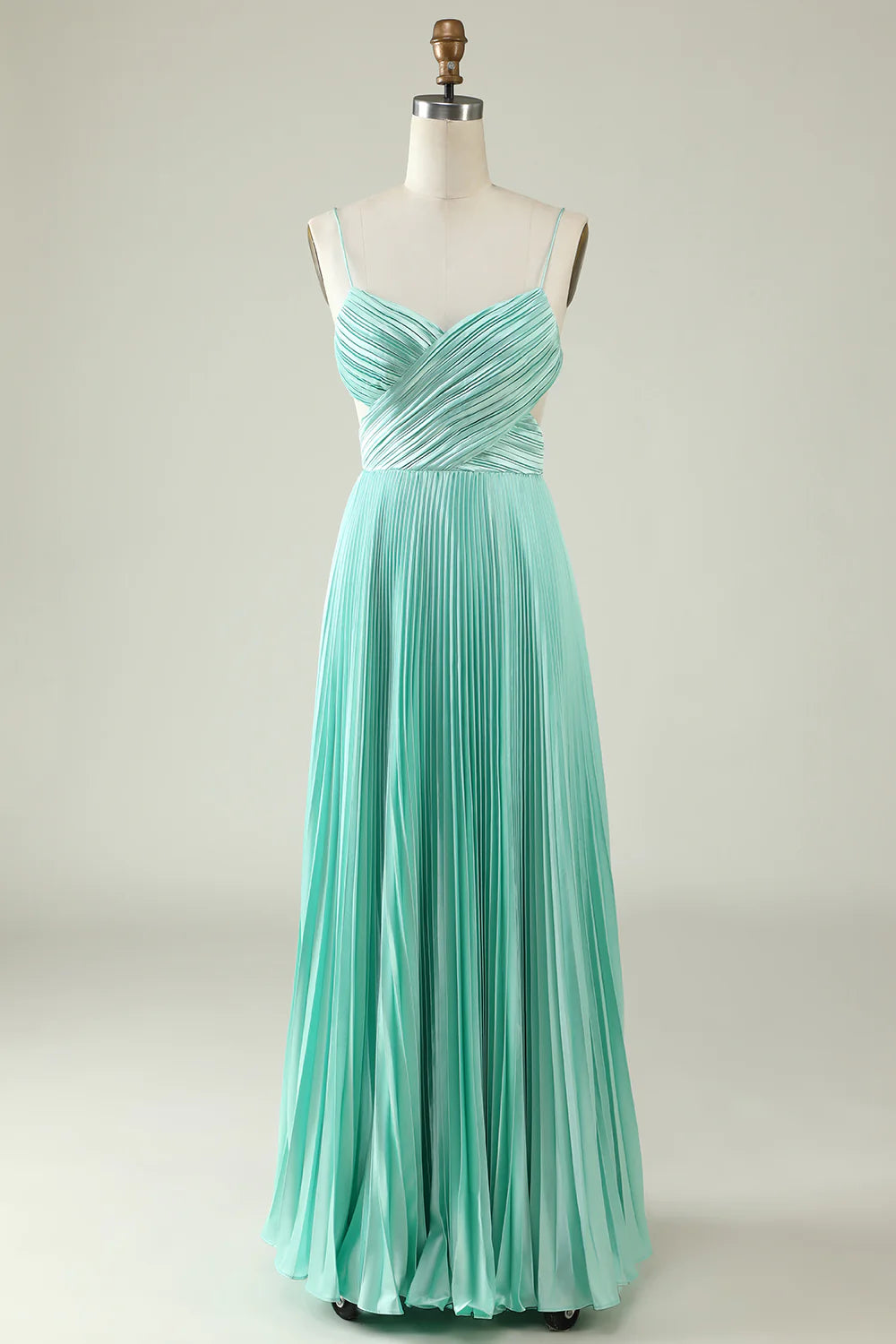 Spaghetti Straps Criss Cross Pleated Long Bridesmaid Dress