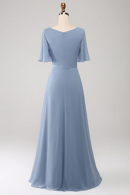 A-Line Chiffon Dusty Blue Long Bridesmaid Dress with Beading