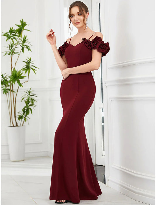 Mermaid / Trumpet Evening Gown Vintage Dress Engagement Floor Length Sleeveless Off Shoulder Polyester with Ruffles