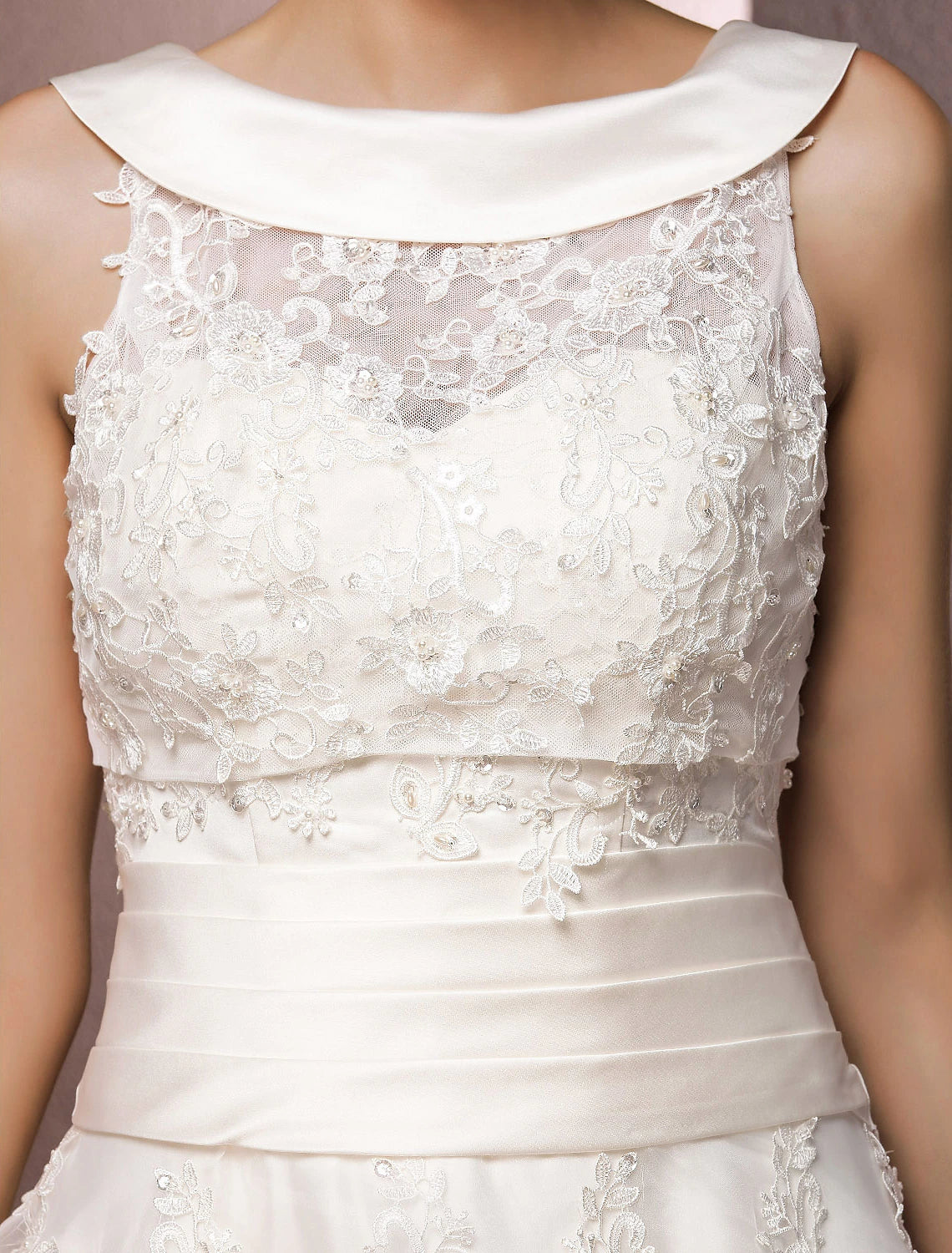 Hall Wedding Dresses A-Line Illusion Neck Sleeveless Tea Length Lace Bridal Gowns With Pearl Beading