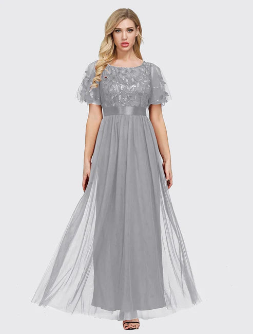 A-Line Elegant Party Wear Prom Dress Jewel Neck Short Sleeve Floor Length Tulle with Embroidery / Illusion Sleeve