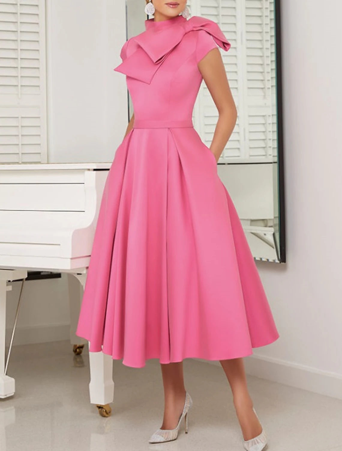 A-Line High Neck Tea Length Wedding Guest Party Dress  Satin Short Sleeve Mother of the Bride Dress with Sash / Ribbon Bow(s) Pleats