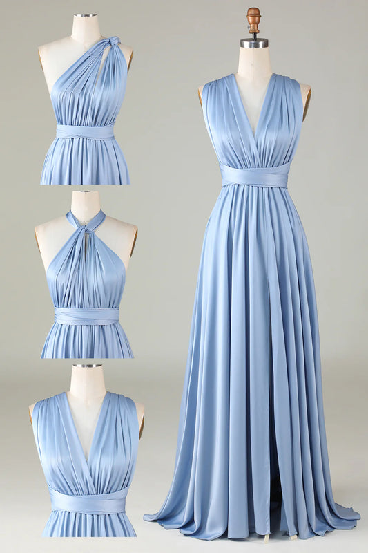 A Line Satin Pleated Multiple Dressing Methods Bridesmaid Dress with Slit