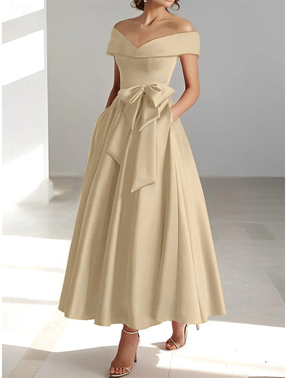 A-Line Cocktail Dresses Elegant Dress Wedding Guest Kentucky Derby Tea Length Short Sleeve Off Shoulder Pocket Satin with Bow(s)