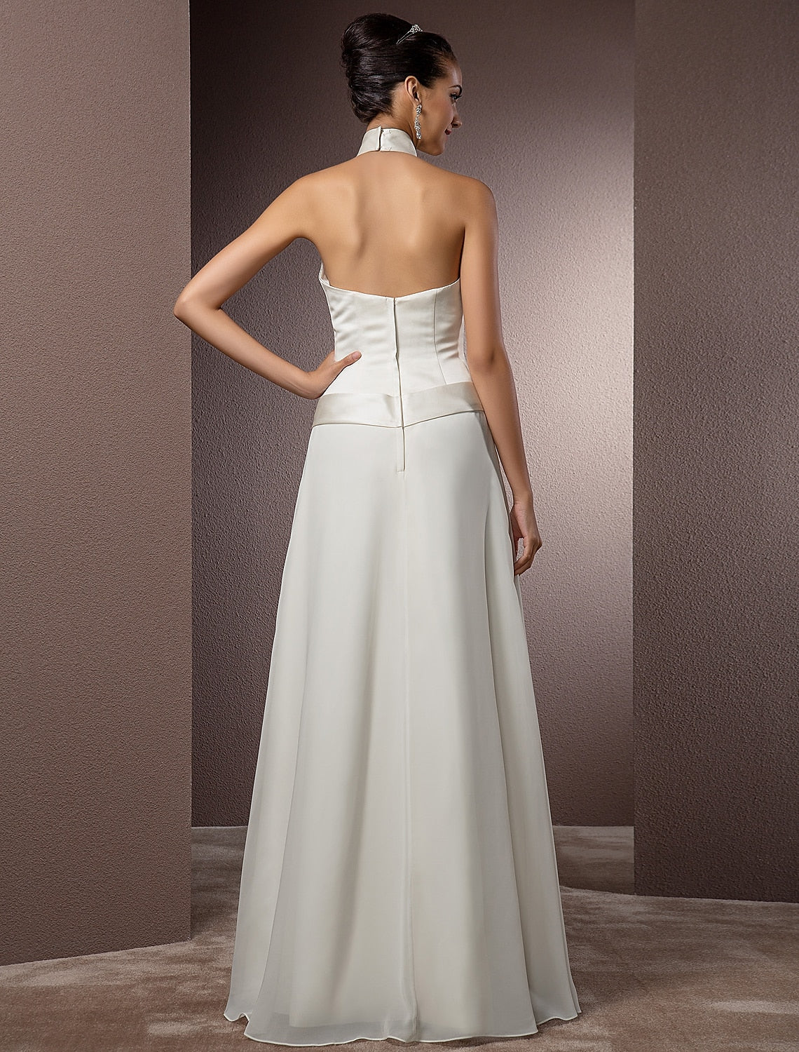 Sheath / Column Halter Sleeveless Floor Length Satin Bridal Gowns With Sash / Ribbon Wedding Dresses