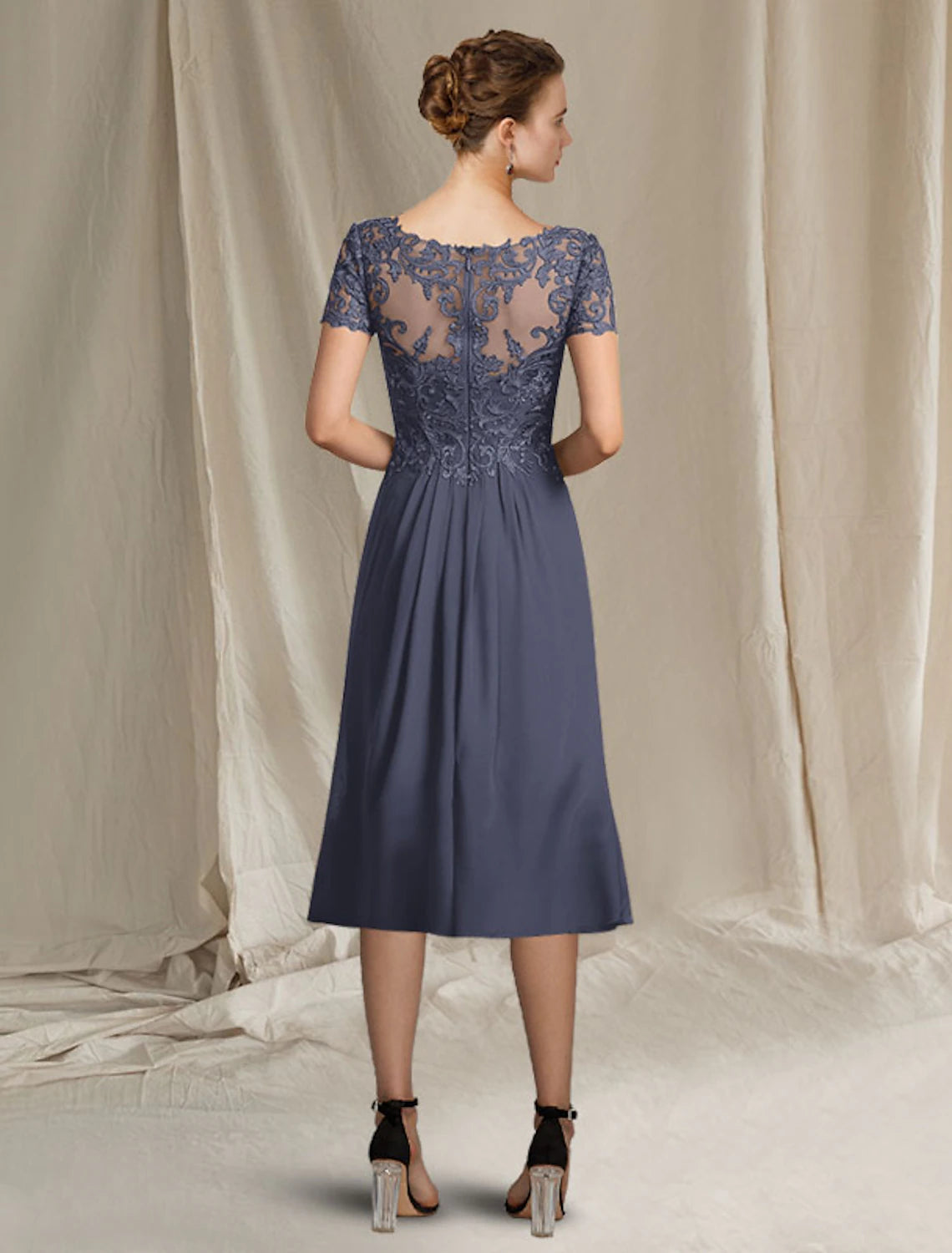 A-Line Mother of the Bride Dress Elegant Plus Size V Neck Tea Length Chiffon Lace Short Sleeve Wrap Included with Appliques