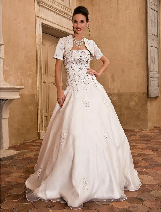 Hall Wedding Dresses Ball Gown Strapless Short Sleeve Floor Length Satin Bridal Gowns With Beading Appliques