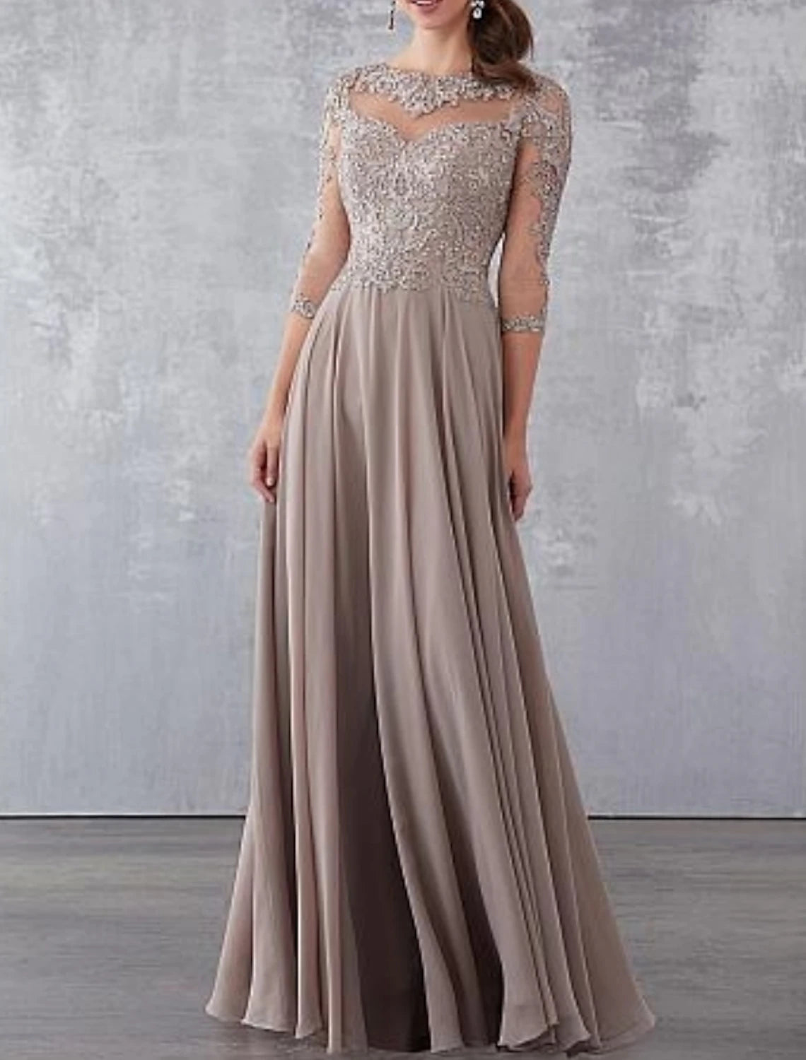 Sheath A-Line See Through Jewel Neck Wedding Guest Party Dress Floor Length Chiffon Lace 3/4 Length Sleeve Mother of the Bride Dress with Draping Appliques