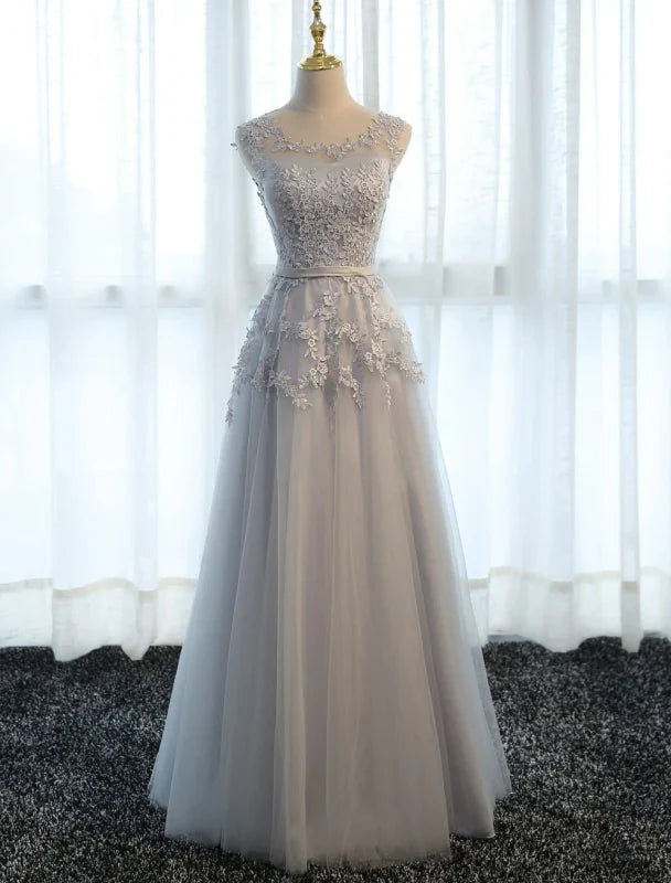 A Line Long Lace Party Dress Applique Tulle Formal Dress Prom Dresses Floor Length