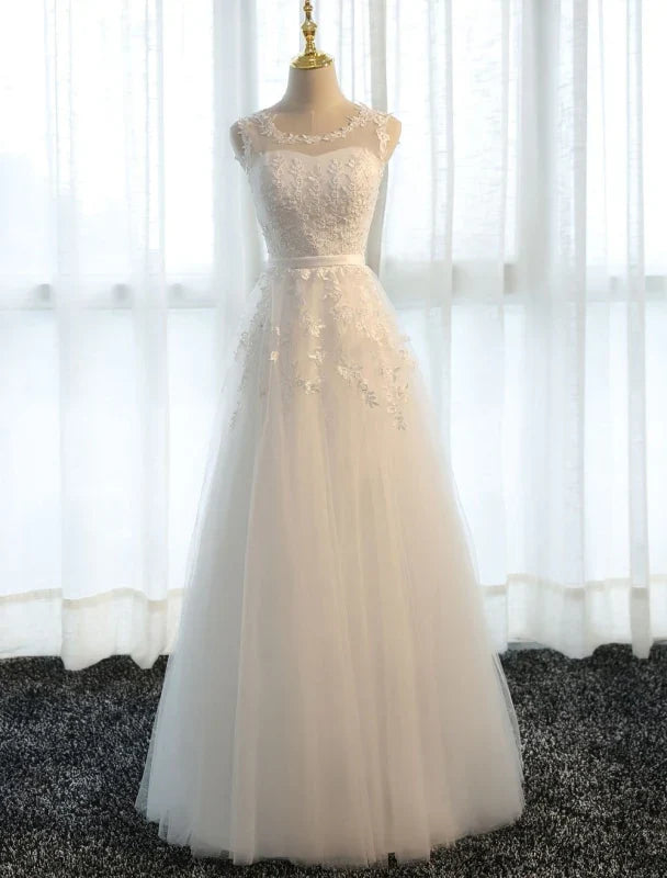 A Line Long Lace Party Dress Applique Tulle Formal Dress Prom Dresses Floor Length