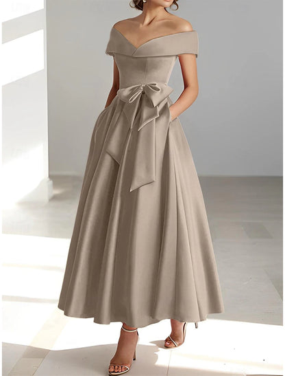 A-Line Cocktail Dresses Elegant Dress Wedding Guest Kentucky Derby Tea Length Short Sleeve Off Shoulder Pocket Satin with Bow(s)