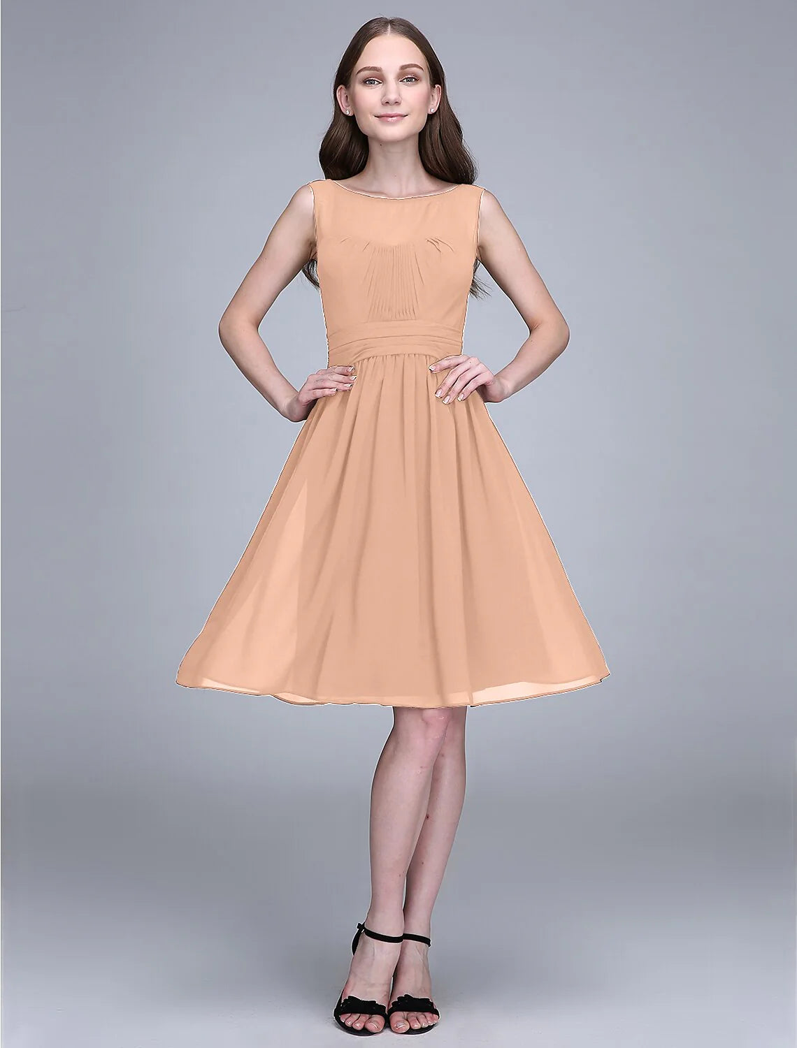 A-Line Bridesmaid Dress Jewel Neck Sleeveless Knee Length Chiffon with Ruched