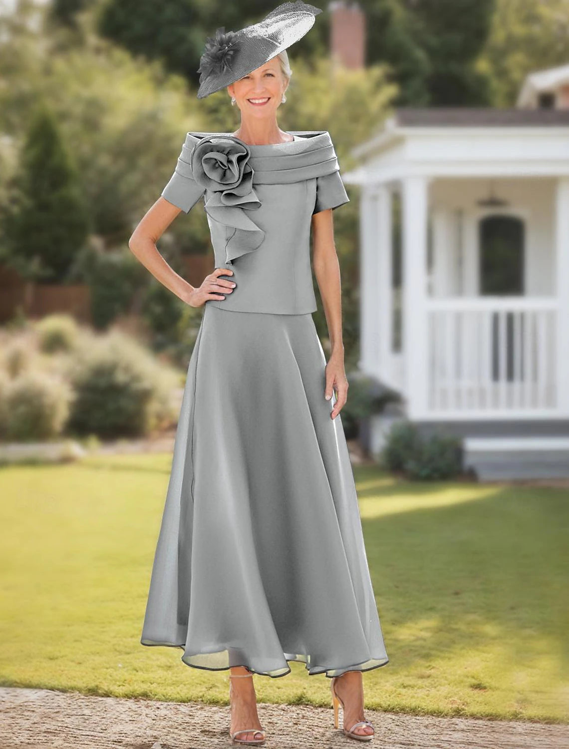 A-Line Petite Off Shoulder Wedding Guest Dress Ankle Length Organza Short Sleeve Mother of the Bride Dress with Ruffles Flower