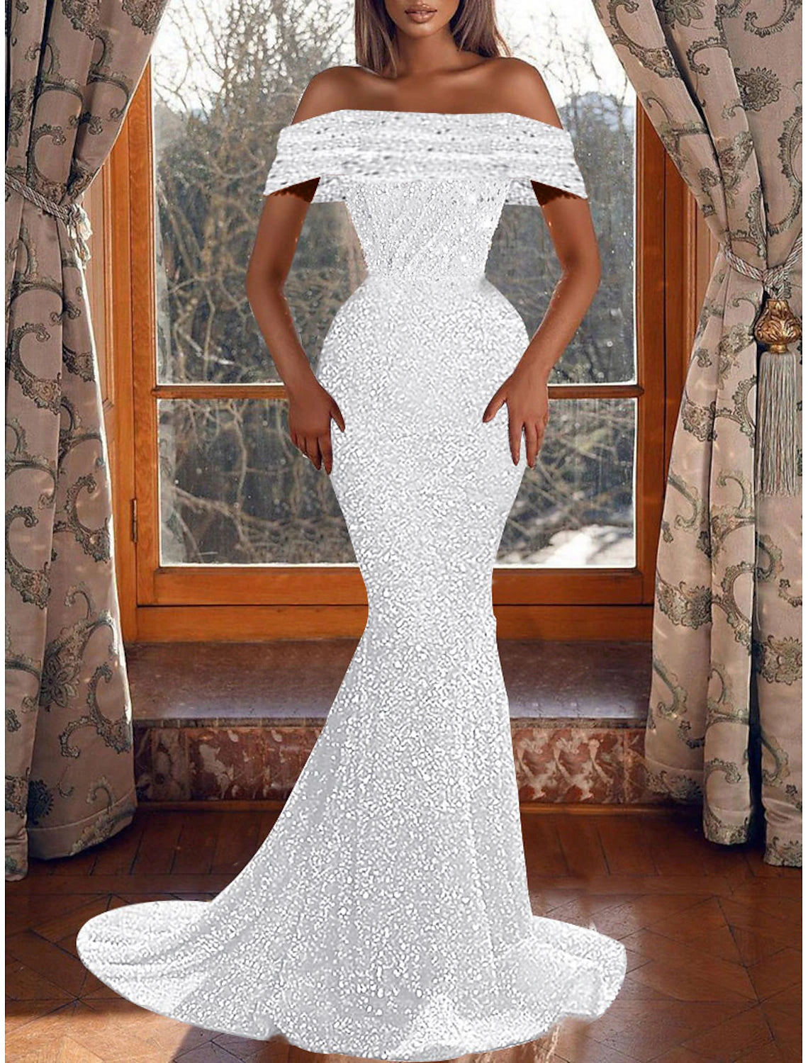 Sheath Mermaid Evening Dress Sleek Glitter Sparking Sequins Short Sleeve Off the Shoulder Party Dress