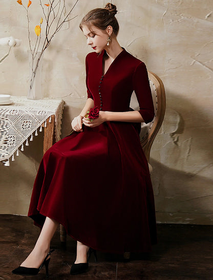 A-Line Minimalist Vintage Party Wear Cocktail Party Dress V Neck Half Sleeve Tea Length Velvet with Sleek