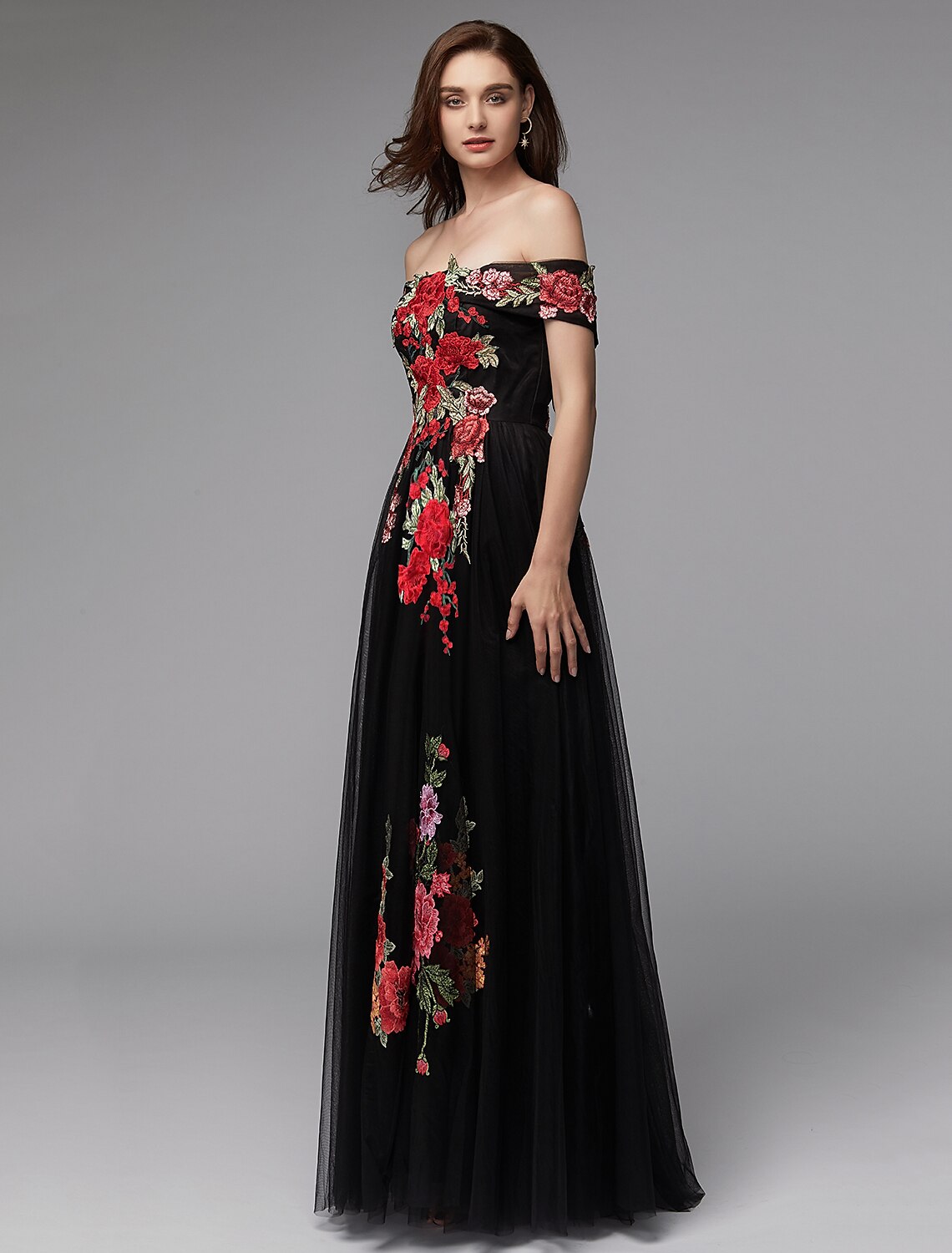 A-Line Prom Dresses Floral Dress Wedding Guest Prom Floor Length Sleeveless Off Shoulder Lace Over Tulle with Embroidery Appliques