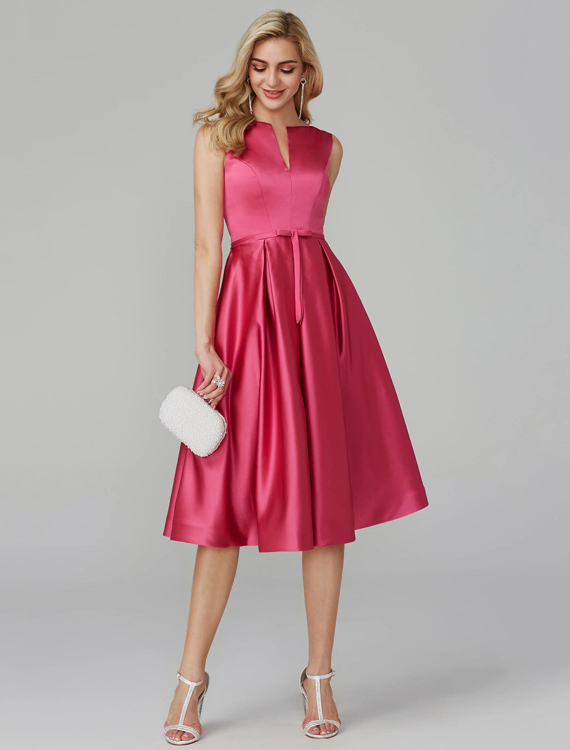 A-Line Elegant Dress Wedding Guest Cocktail Party Knee Length Sleeveless V Wire Pink Dress Satin with Sash / Ribbon