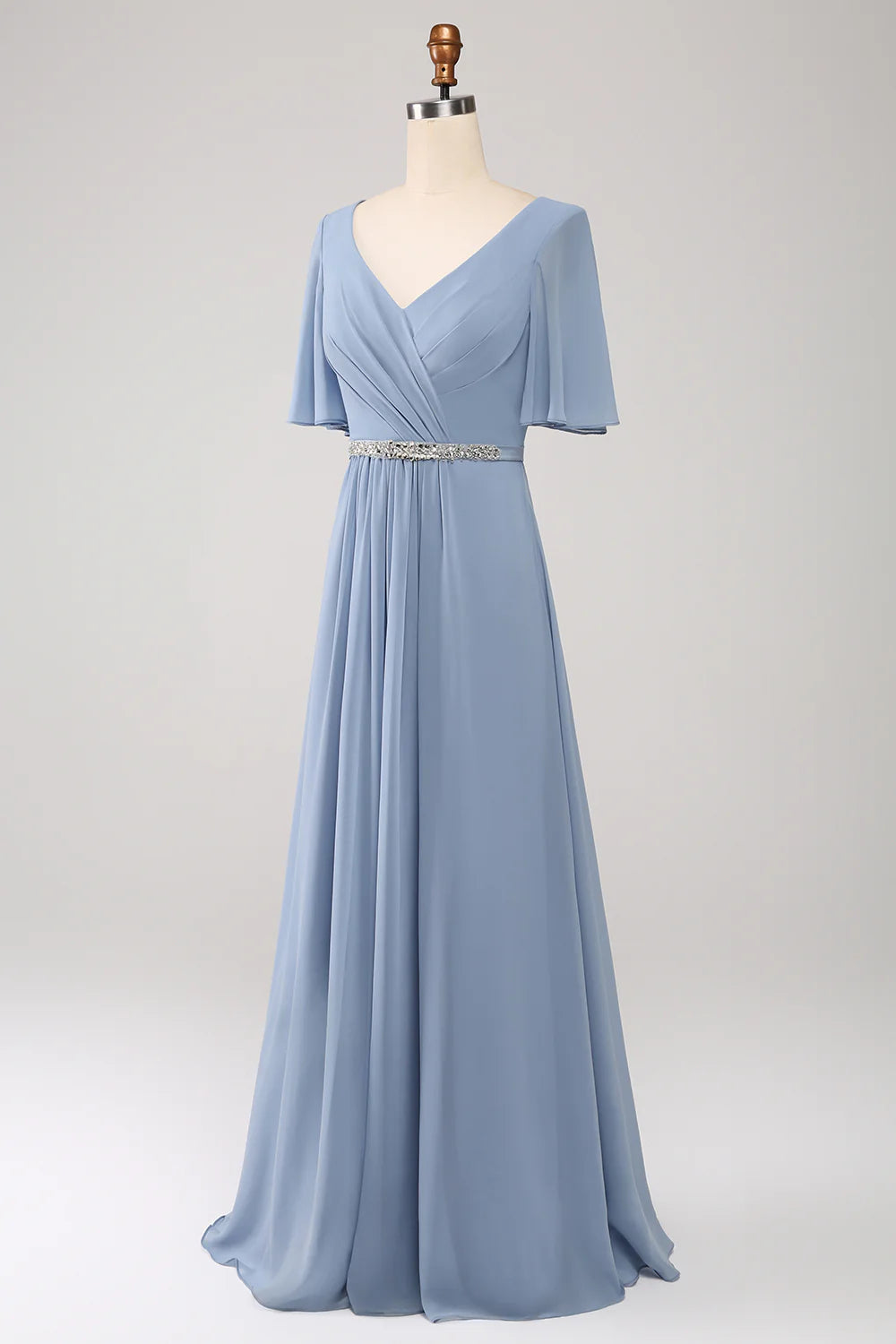 A-Line Chiffon Dusty Blue Long Bridesmaid Dress with Beading