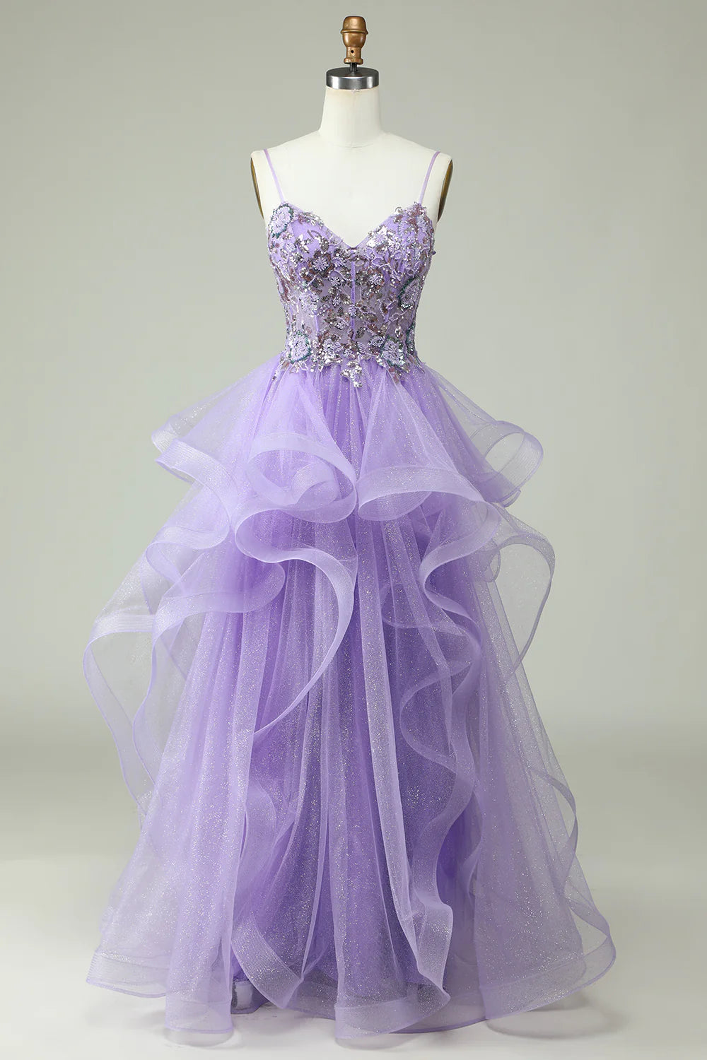 A Line V Neck Spaghetti Straps Tulle Layers Long Prom Dress with Appliques Beautiful