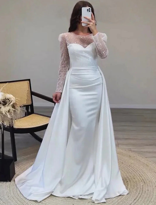 Mermaid Sequin Evening Gown Ruched Satin Dress Long Sleeves Floor Length Sparkle Illusion Neck Fall Wedding Guest Dress with Pearls Overskirt