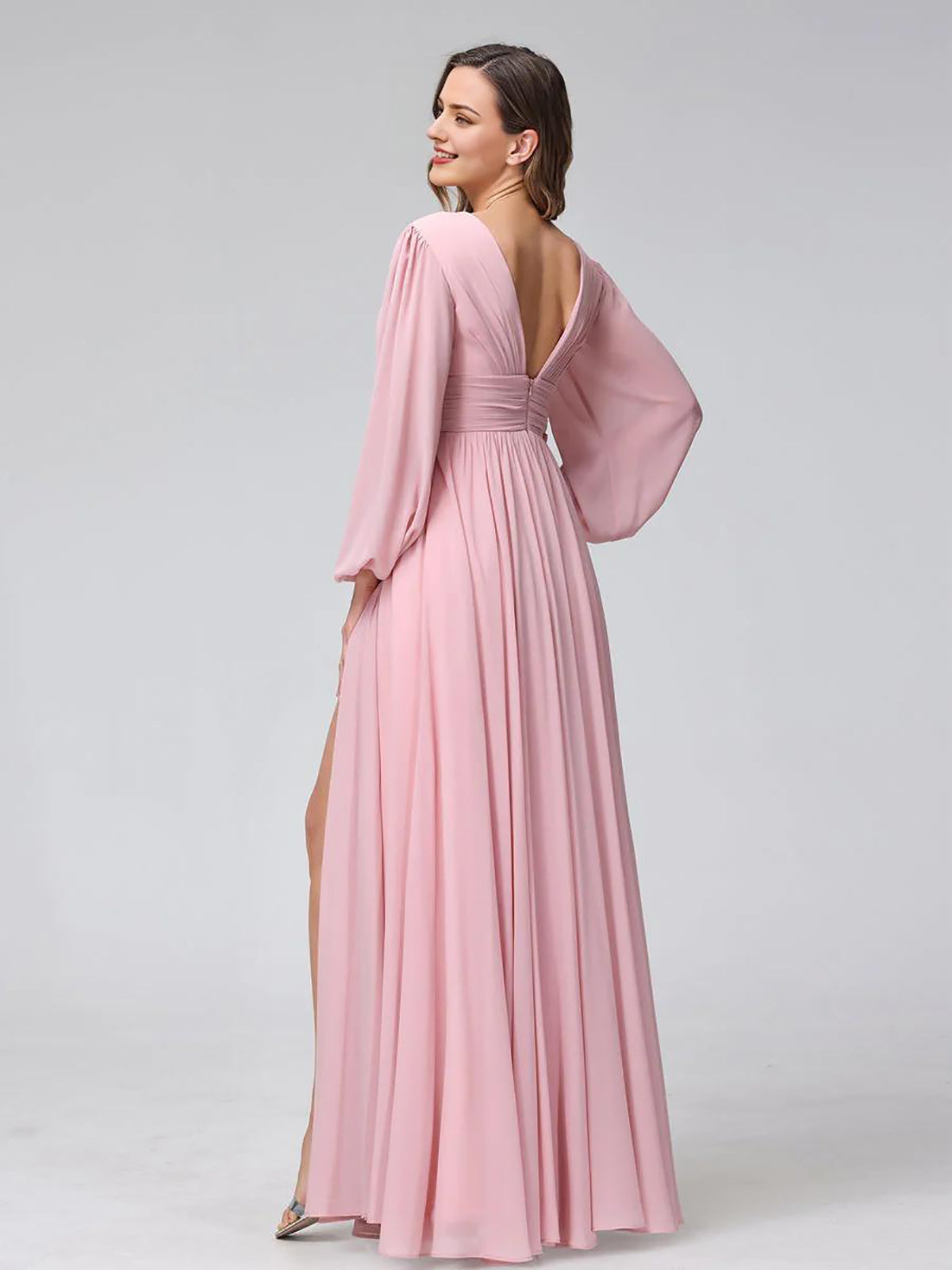 A-Line V-Neck Long Sleeves Long Chiffon Bridesmaid Dresses With Split Side Pockets