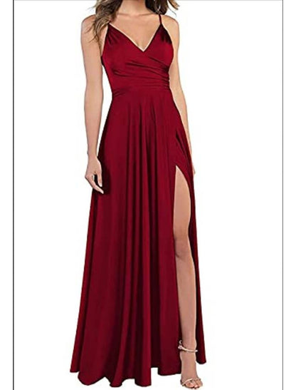 A-Line Wedding Guest Prom Floor Length Sleeveless Spaghetti Strap Bridesmaid Dress Satin with Slit