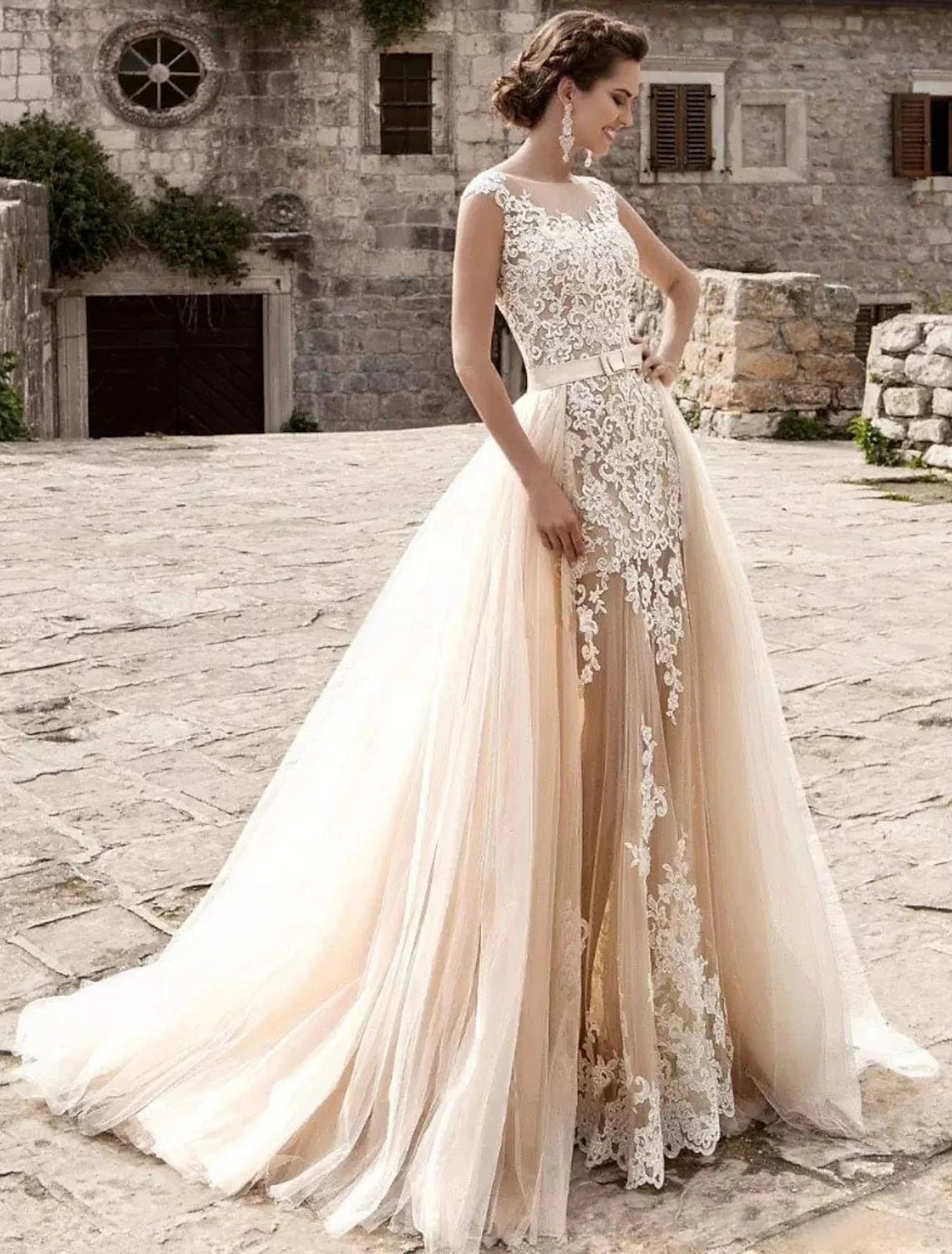 Engagement Formal Wedding Dresses Mermaid / Trumpet Illusion Neck Cap Sleeve Court Train Lace Bridal Gowns With Appliques