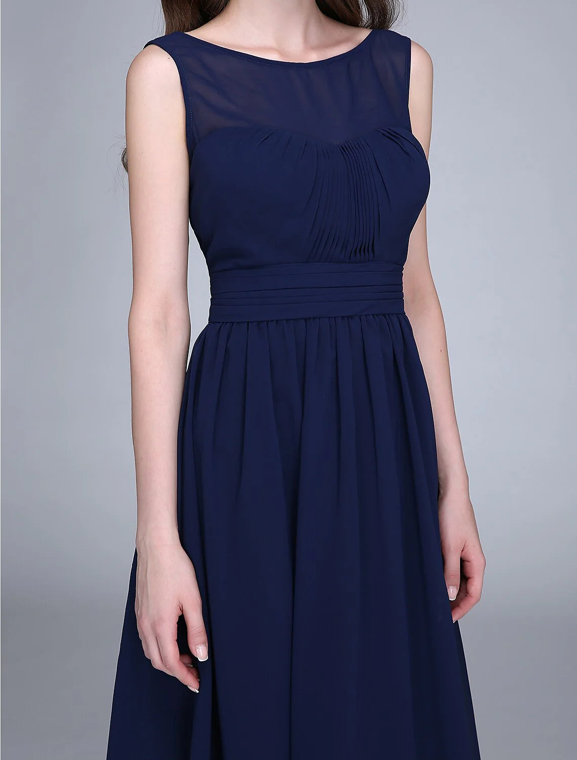 A-Line Bridesmaid Dress Jewel Neck Sleeveless Knee Length Chiffon with Ruched