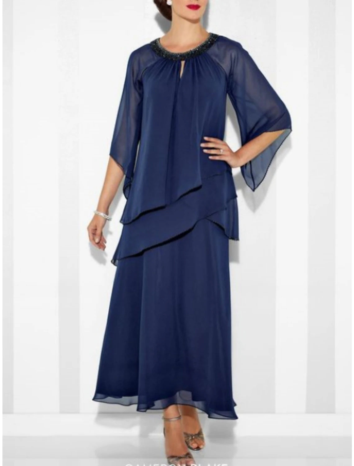 Sheath Jewel Neck Ankle Length Wedding Guest  Party Dress  Chiffon 3/4 Length Sleeve  Mother of the Bride Dress with Crystals Ruching