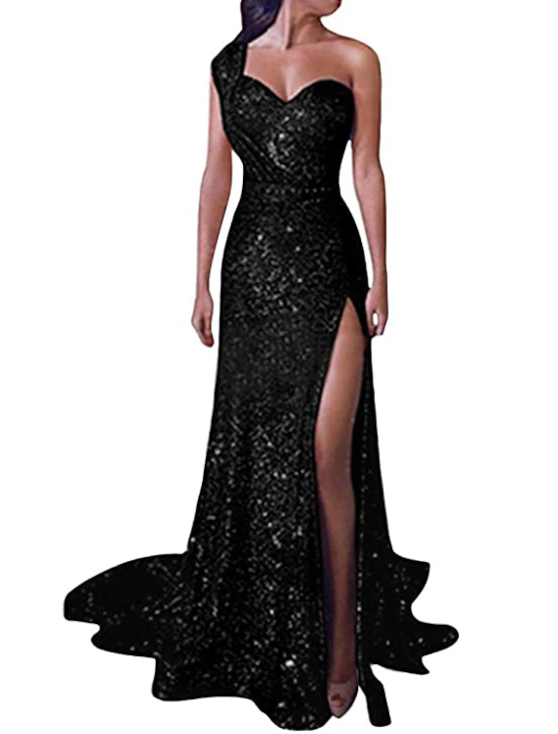 Sheath Mermaid Evening Dresses Sleek Glitter Sparking Sequins Evening Court Train Dress One Shoulder Sleeveless Party Dress  with Slit