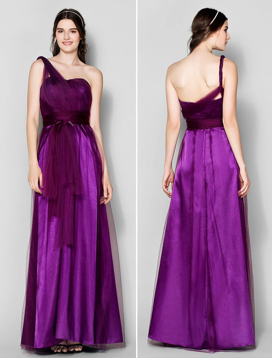 A-Line Bridesmaid Dress Straps Sleeveless Convertible Dress Floor Length Tulle with Ruched / Side Draping