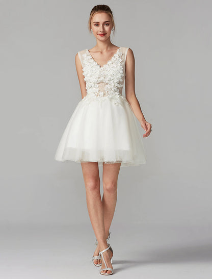 A-Line Party Dress Wedding Guest Homecoming Short / Mini Sleeveless V Neck Lace Over Tulle with Crystals Appliques