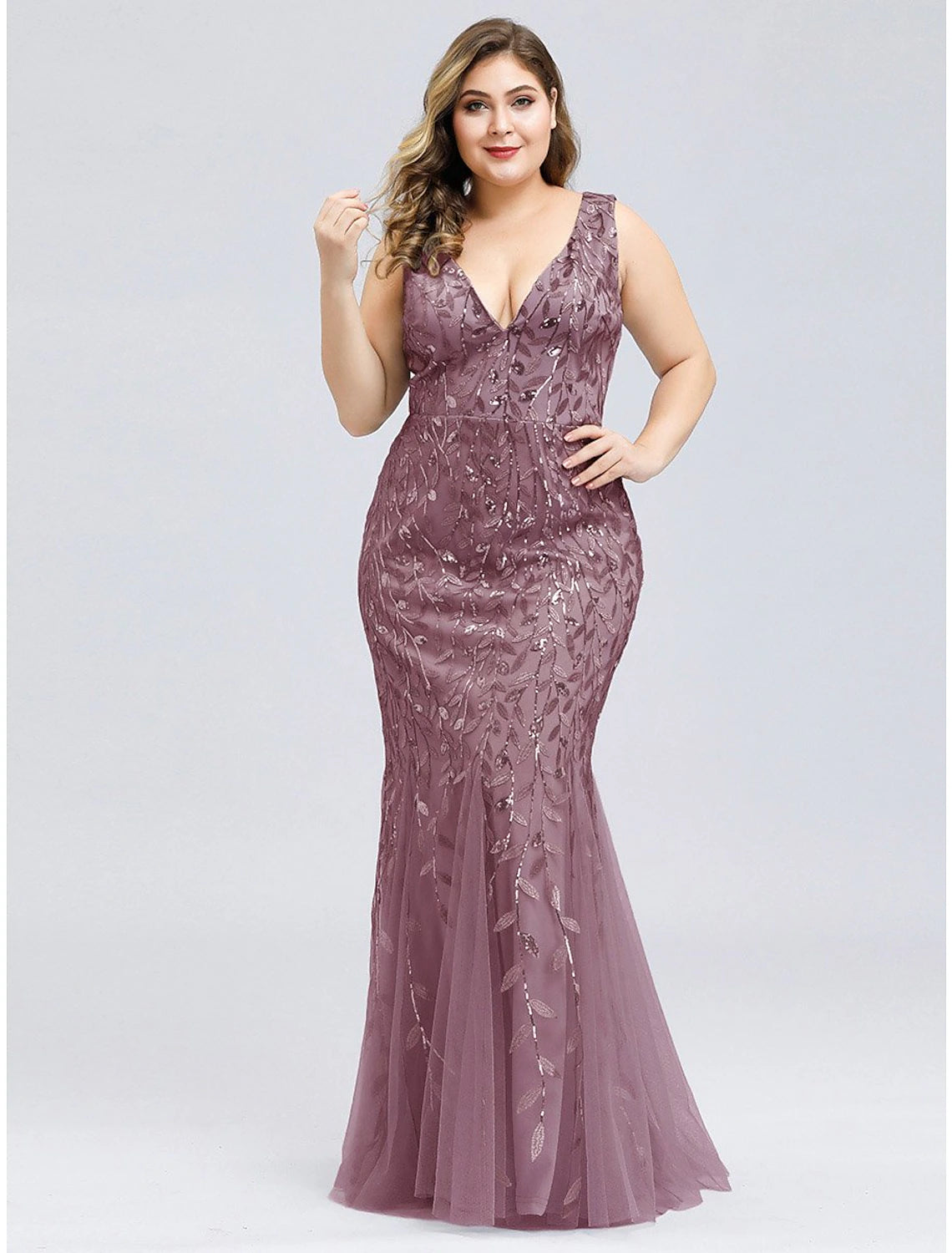 Mermaid / Trumpet Plus Size Sexy Prom Formal Evening Dress V Neck Sleeveless Floor Length Tulle with Appliques