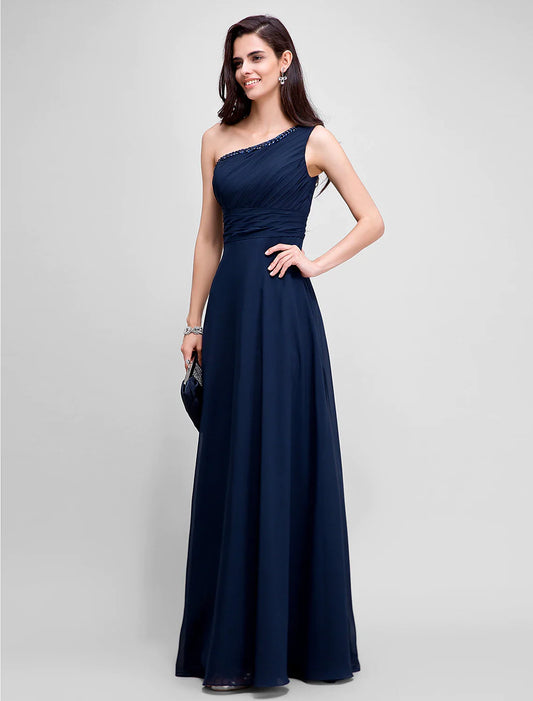 Sheath / Column Empire Dress Wedding Guest Floor Length Sleeveless One Shoulder Chiffon with Ruched Beading