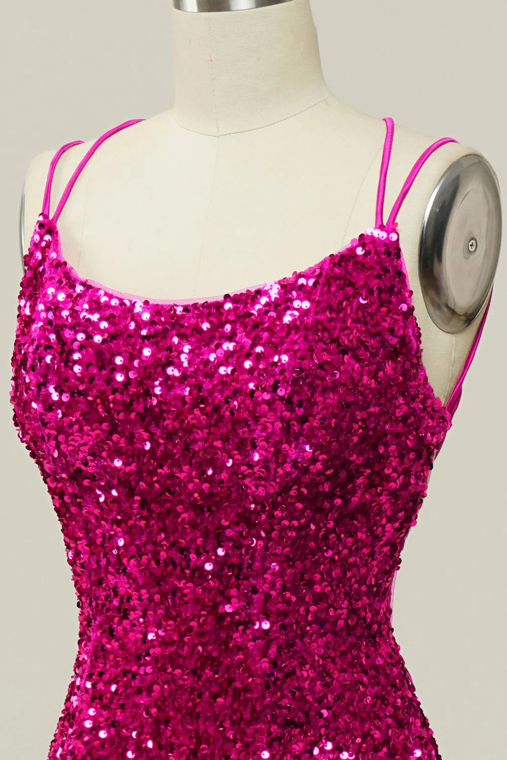 Mermaid Hot Pink Spaghetti Straps  Sleek Glitter Sparking Prom Dress with Sequins