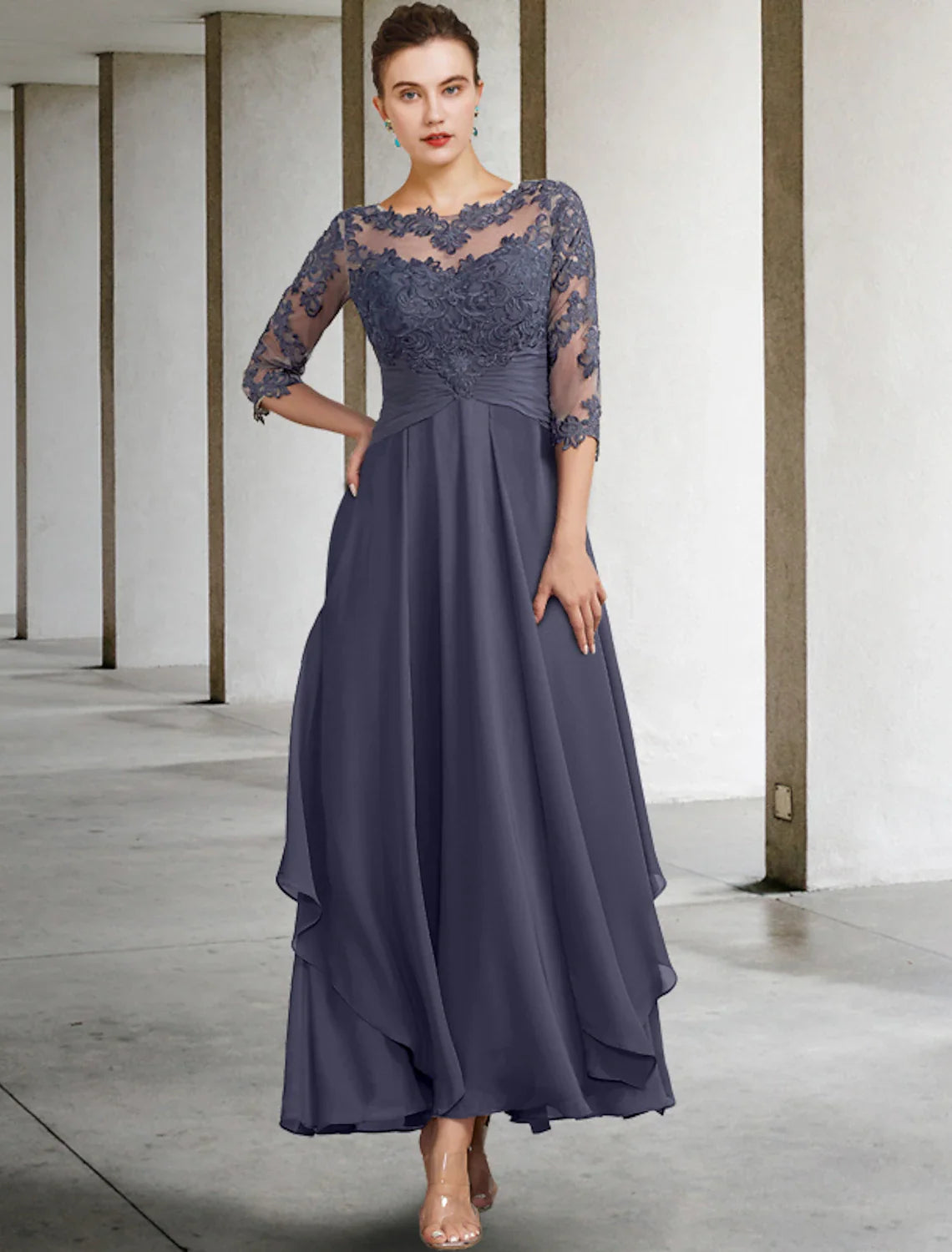 A-Line Mother of the Bride Dress Plus Size Elegant Chiffon Lace Half Sleeve Prom Dress with Appliques