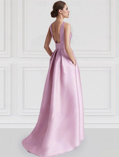 A-Line Cocktail Dresses Formal Wedding Guest Floor Length Sleeveless Boat Neck Pink Dress Satin with Pocket