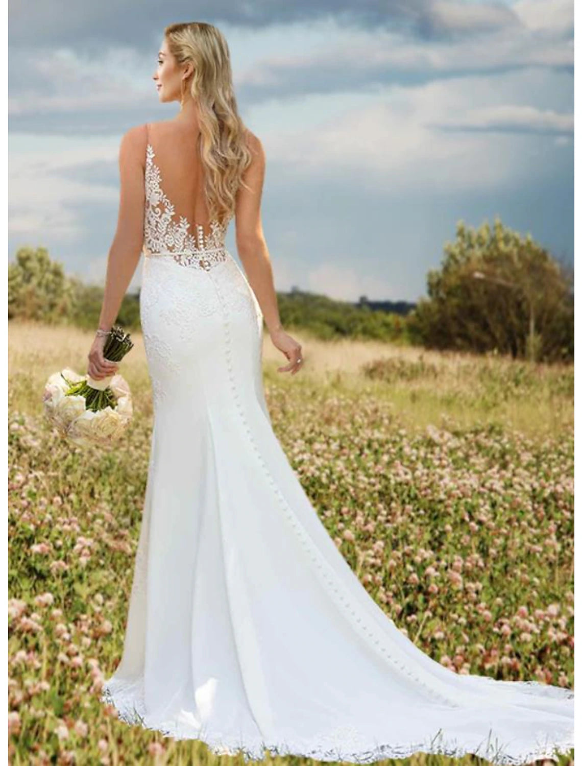 Engagement Open Back Sexy Formal Wedding Dresses Mermaid / Trumpet V Neck Sleeveless Court Train Lace Bridal Gowns With Appliques