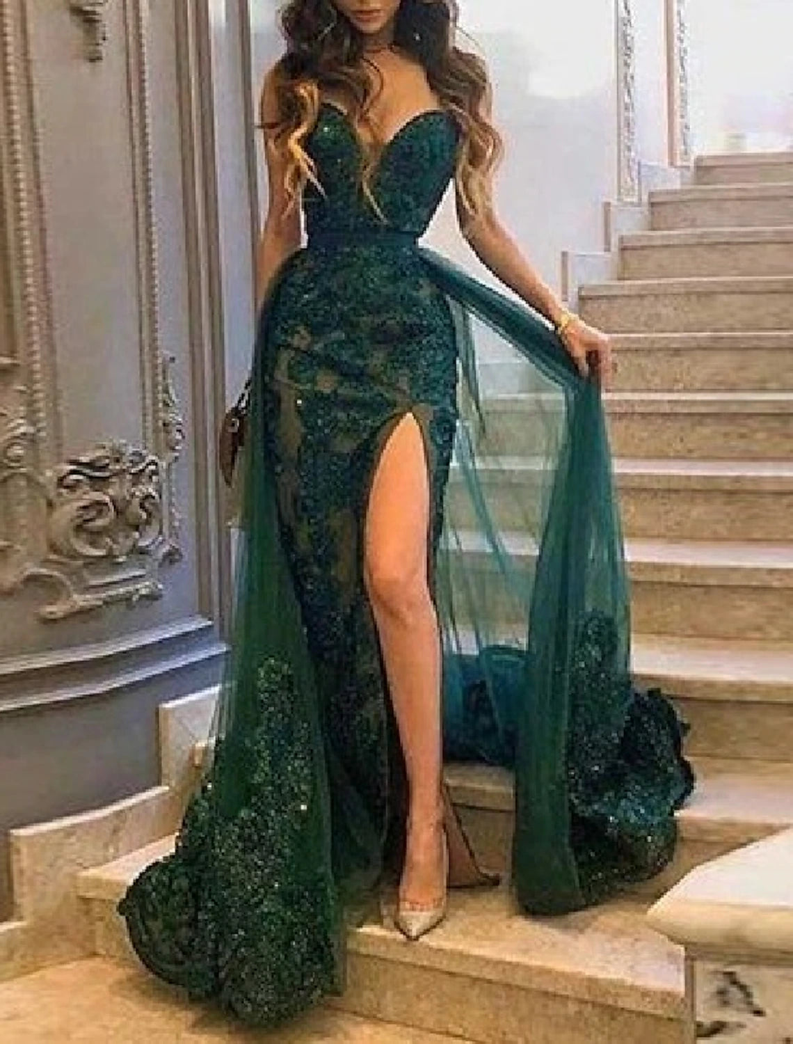 Sheath Mermaid Green Dress Sleeveless Lace Prom Dresses Strapless Court Train Tulle with Slit Appliques