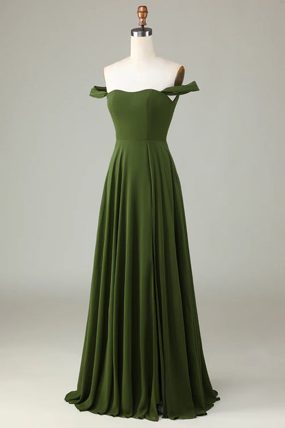 A-Line Off The Shoulder Olive Long Bridesmaid Dress with Slit