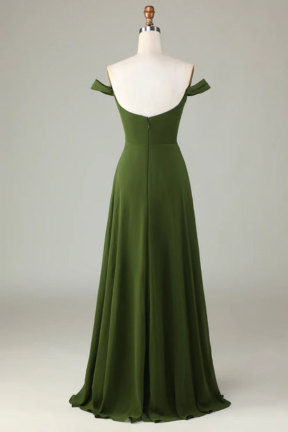 A-Line Off The Shoulder Olive Long Bridesmaid Dress with Slit