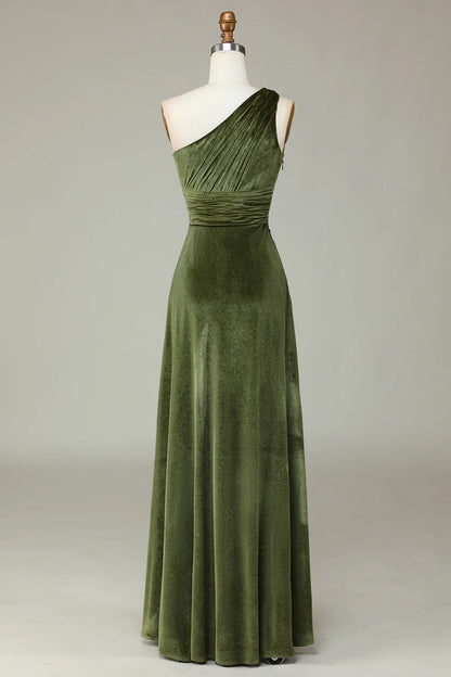 Olive Velvet One Shoulder Olive Long Bridesmaid Dress