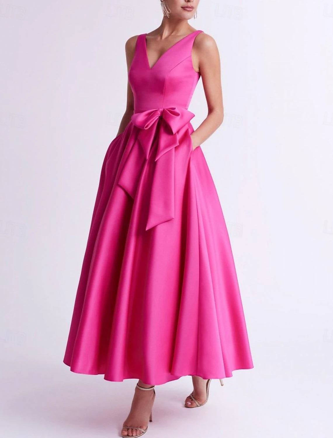 A-Line Cocktail Dresses Elegant Dress Wedding Guest Tea Length Sleeveless V Neck Pocket Satin with Bow(s)