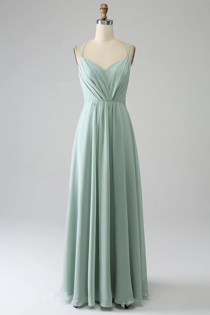 A-Line  V Neck Spaghetti Straps Backless Pleated Long Bridesmaid Dress