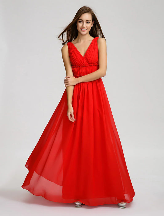 Solid Color A-Line Bridesmaid Dress V Neck Sleeveless Open Back Floor Length Chiffon with Criss Cross / Draping / Side Draping