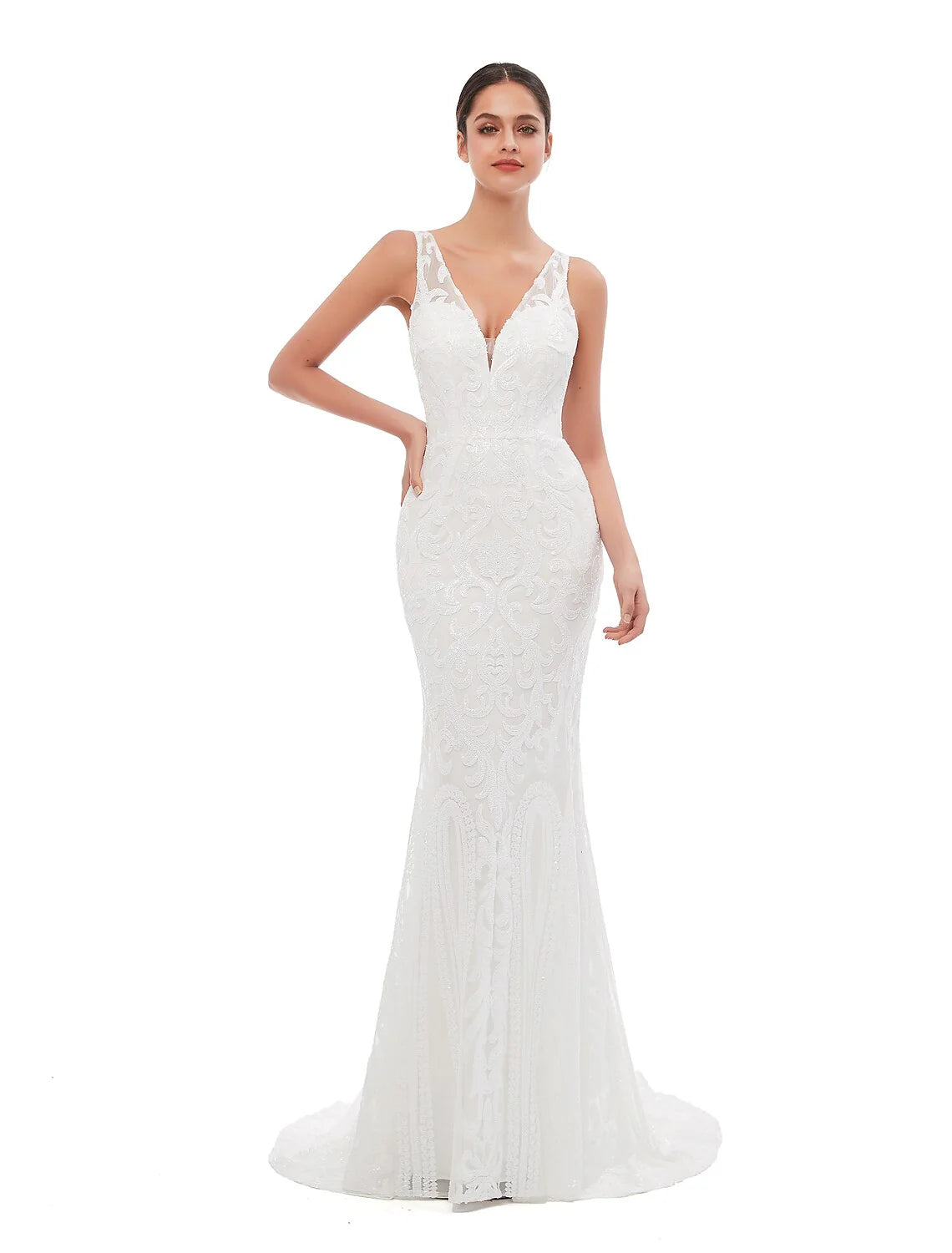 Mermaid / Trumpet Evening Gown Celebrity Style Dress Engagement Court Train Sleeveless V Neck Sequined with Sequin Embroidery