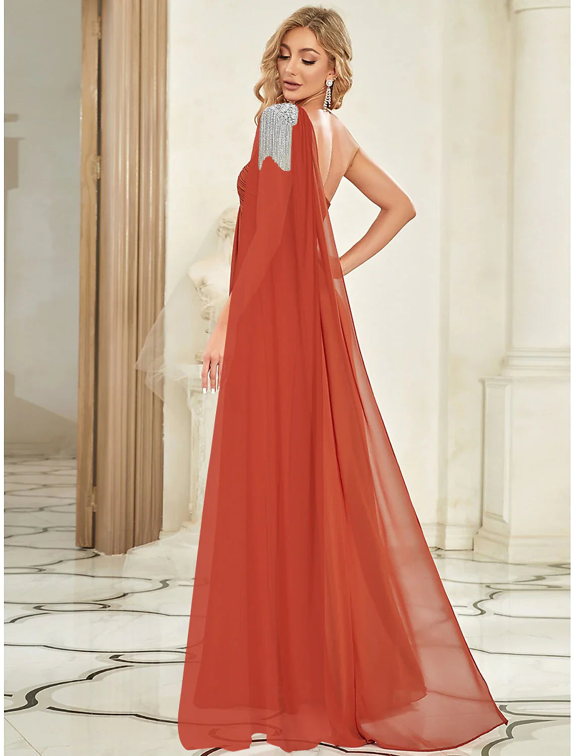 A-Line Evening Gown Empire Dress Wedding Guest Floor Length Sleeveless One Shoulder Chiffon with Crystals Shouder Flower Shawl