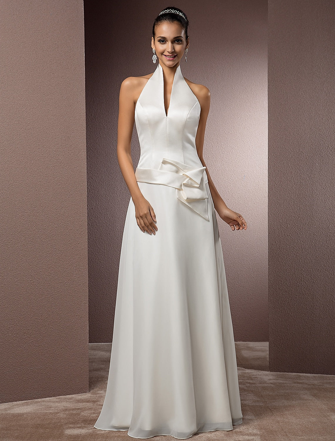 Sheath / Column Halter Sleeveless Floor Length Satin Bridal Gowns With Sash / Ribbon Wedding Dresses