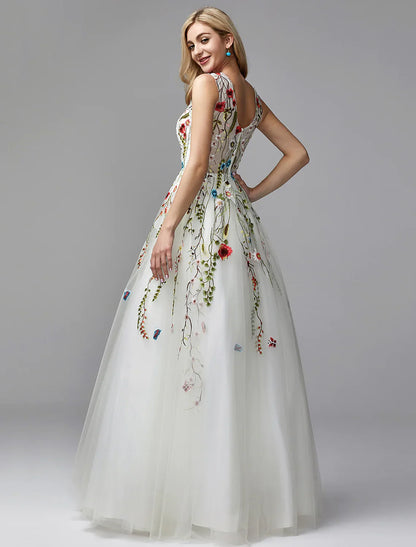 A-Line  Dresses White Dress Homecoming Floor Length Sleeveless V Neck Lace with Embroidery Appliques