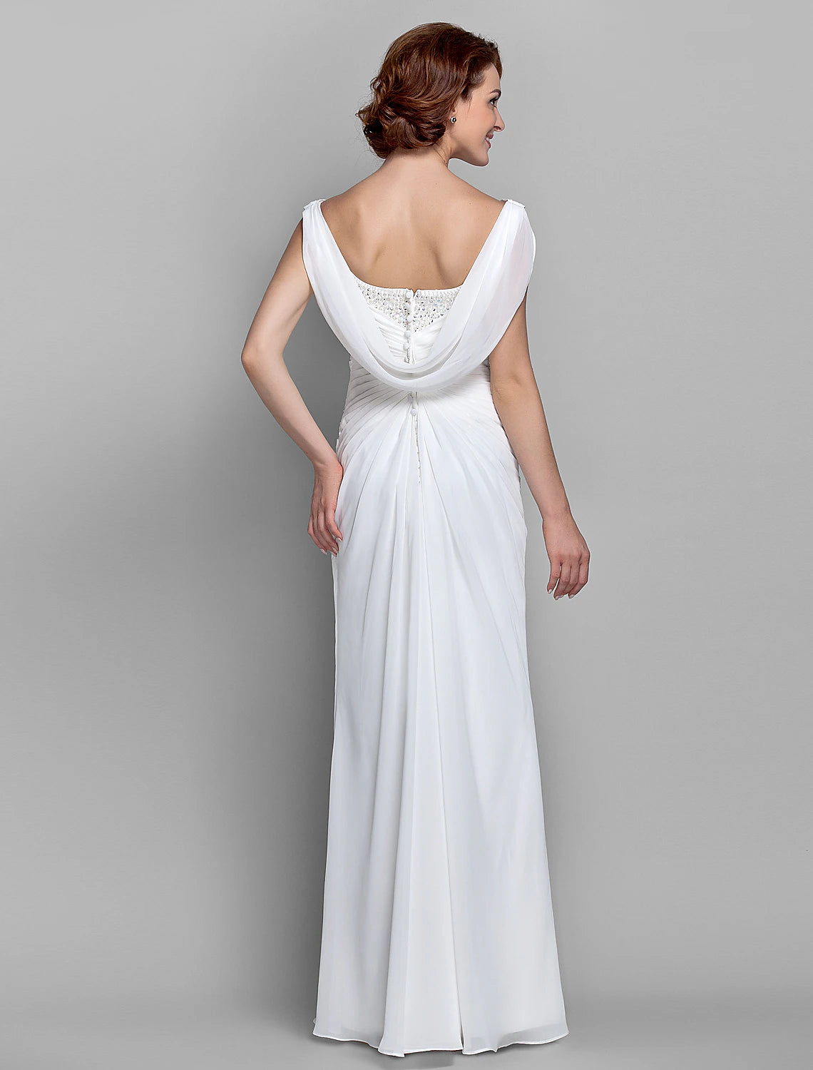 Sheath / Column Mother of the Bride Dress Wedding Guest Vintage Inspired Cowl Neck Floor Length Chiffon Sleeveless with Buttons Criss Cross Crystals